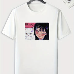 Anime Girl Cat Pattern Men's Sports T-shirt - Summer Outdoor Fitness Gift