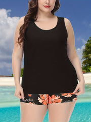 Floral Crisscross Back Tankini Set with Solid Tank Top Swimsuit