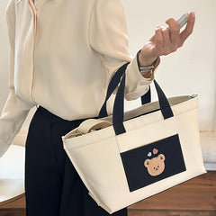 Cartoon Bear Polyester Tote Bag Large Capacity Casual Outing Mommy Handbag