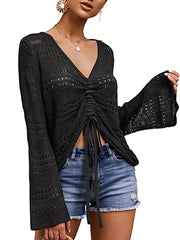 Boho V Neck Drawstring Sweater for Spring & Summer Women's Clothing