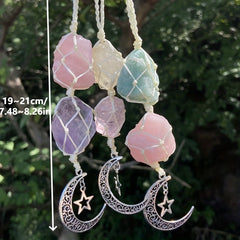Natural Crystal Raw Hanging Car Charm - Star Moon Charm Rearview Mirror Decor