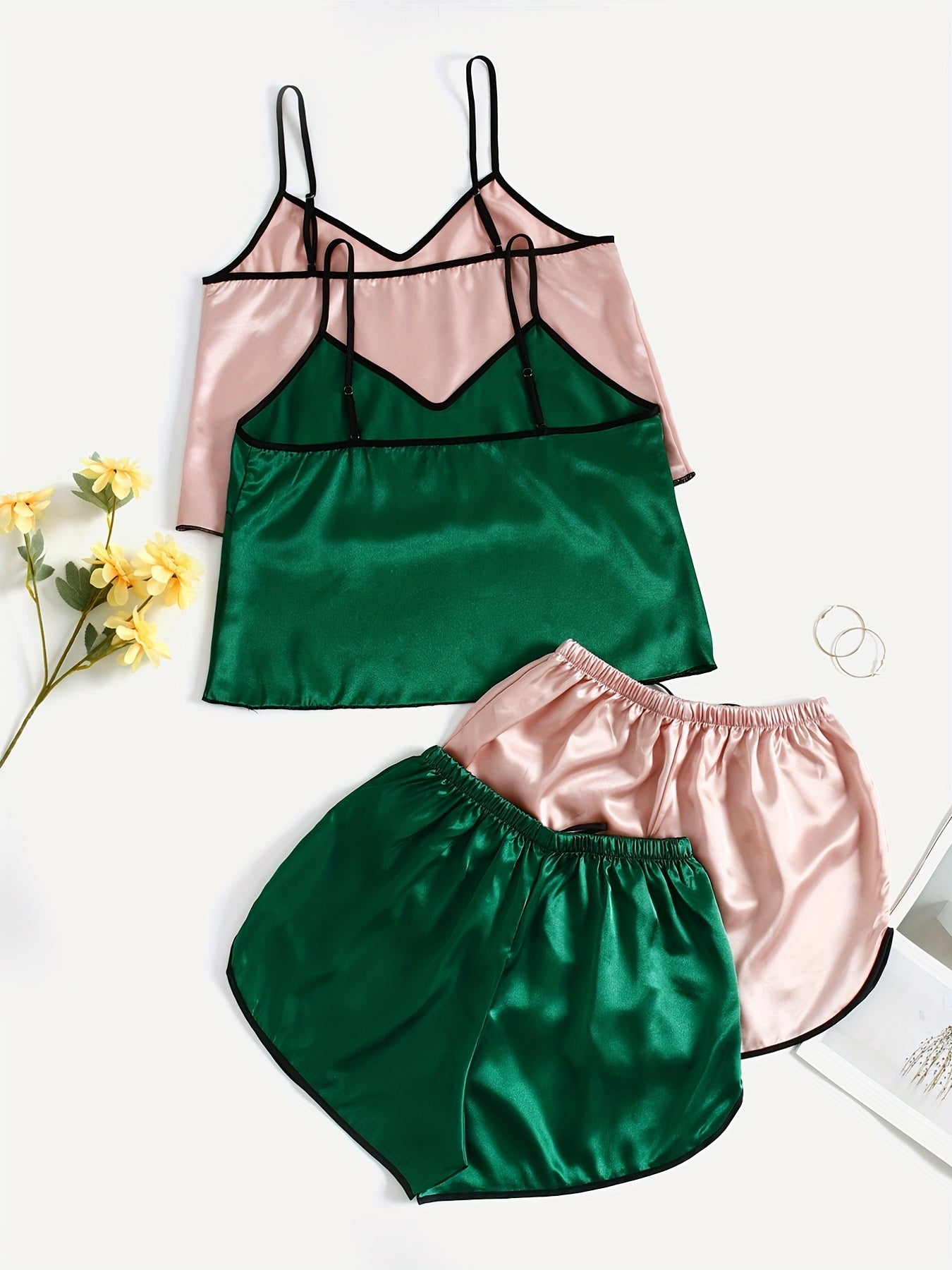 Solid Satin Pajama Set V Neck Cami Top & Shorts Women's Sleepwear