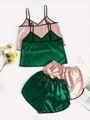Solid Satin Pajama Set V Neck Cami Top & Shorts Women's Sleepwear