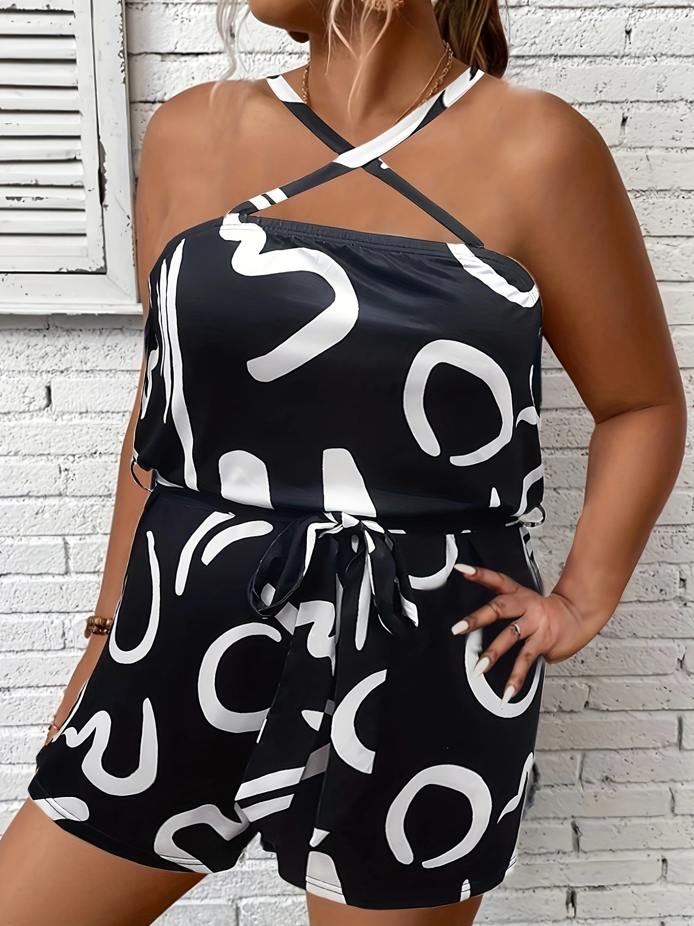 Graffiti Print Halter Neck Romper With Belt