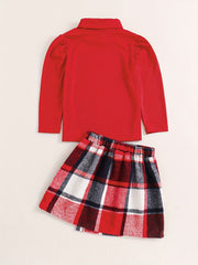 Girl's Ribbed Top & Skirt Set Plaid Print Outfits for Spring Autumn