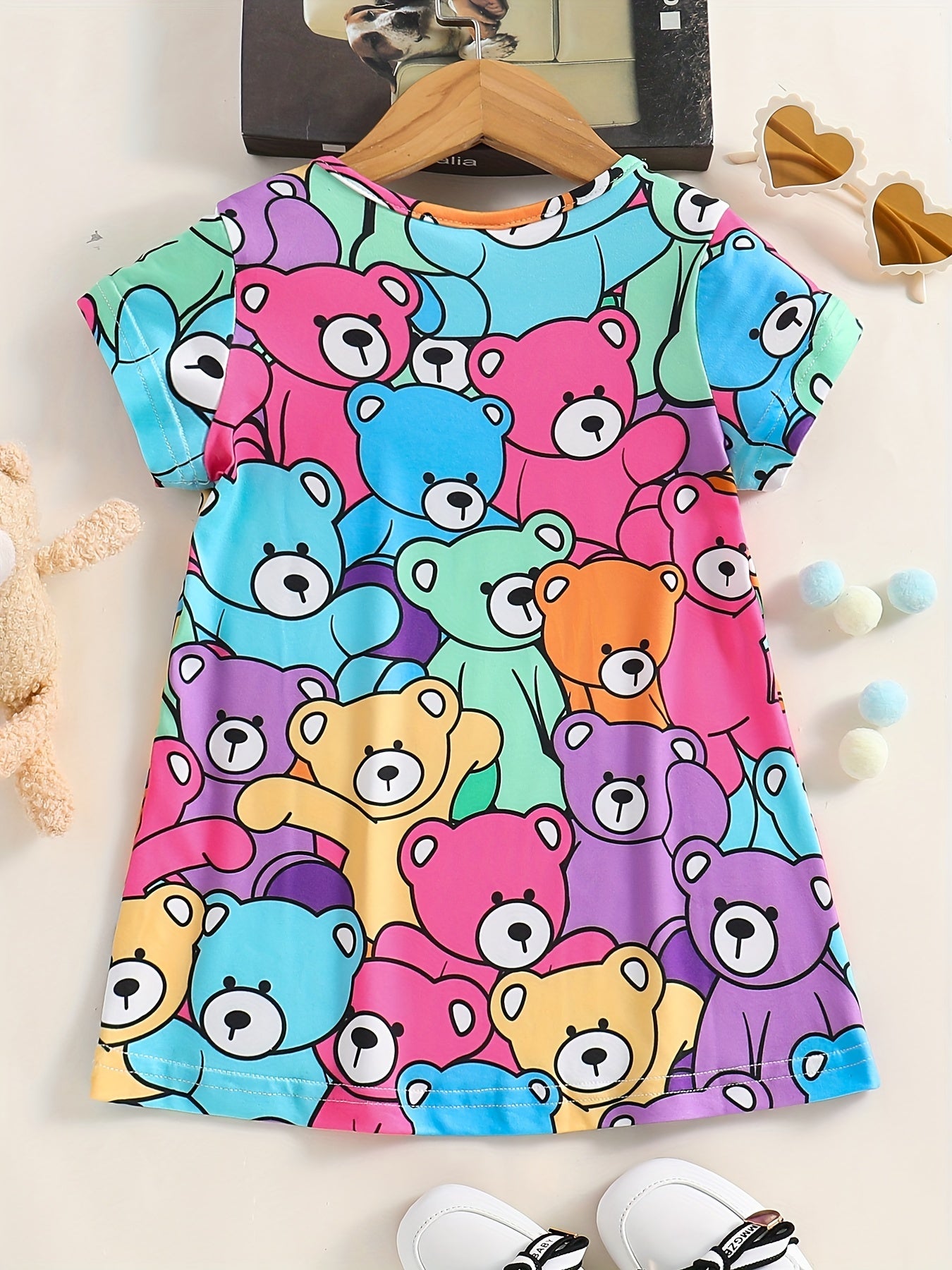 Kid Girls' Casual Dress Cartoon Bear Allover Print Short Sleeve T Shirt Dress