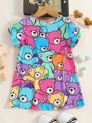 Kid Girls' Casual Dress Cartoon Bear Allover Print Short Sleeve T Shirt Dress