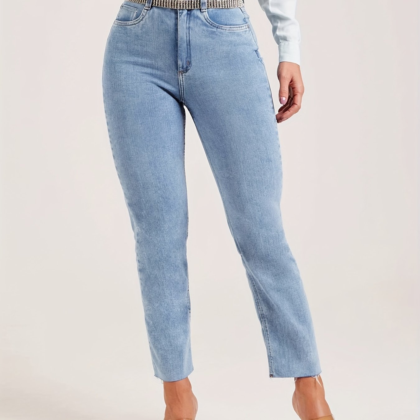 Medium Stretch Slim Fit Cropped Jeans Solid Washed Denim Pants