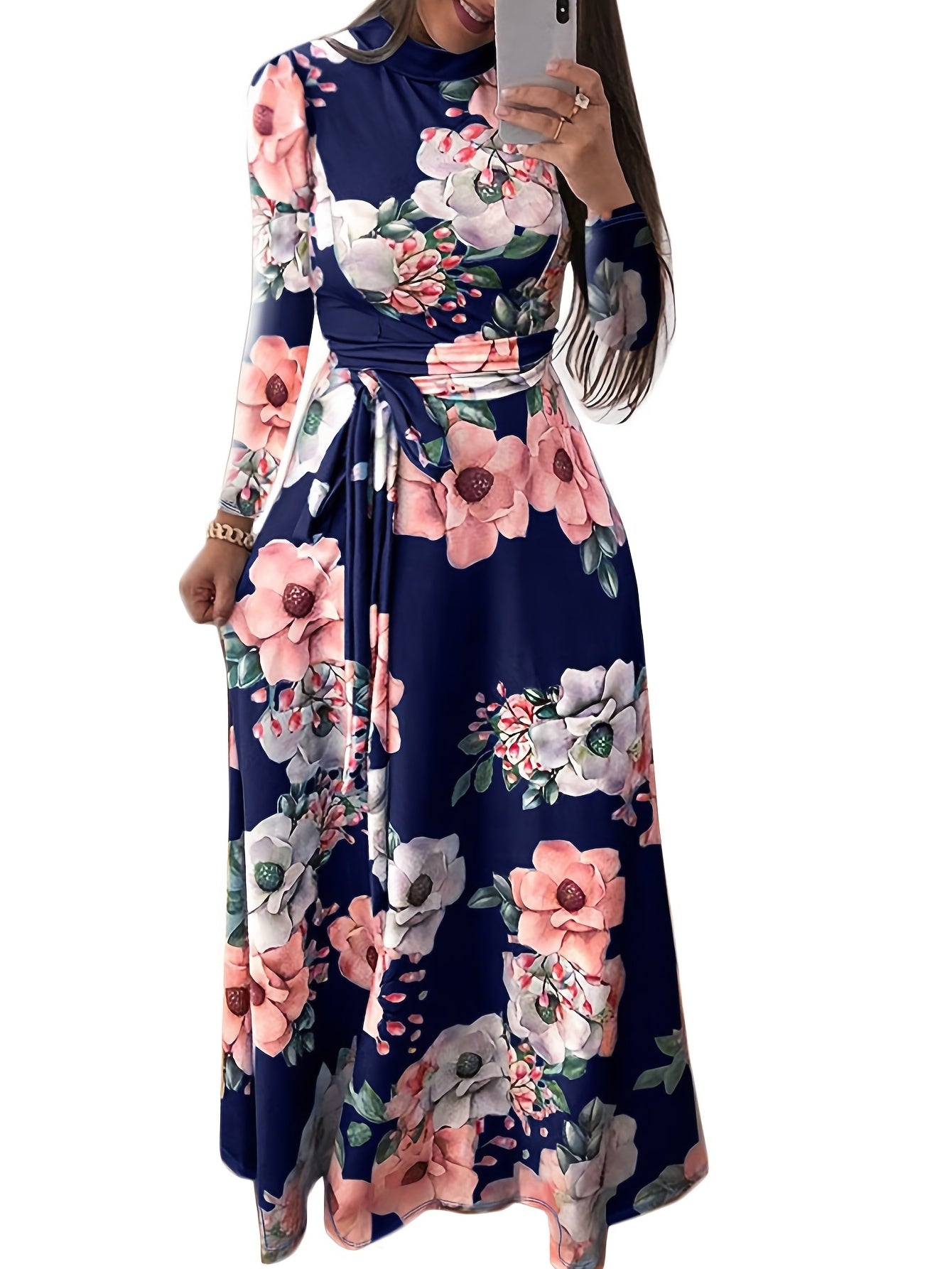 Floral Print Maxi Dress Women's Plus Round Neck Fit And Flare
