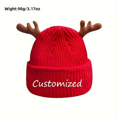 Personalized Christmas Red Knit Beanie Hat with Deer Antlers