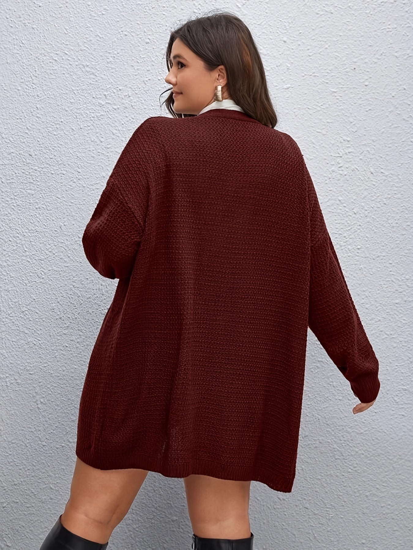 Solid Knit Long Cardigan Women's Plus High Stretch Casual Knitwear
