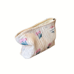 Flower Pattern Ruched Cosmetic Bag Portable Travel Makeup Bag