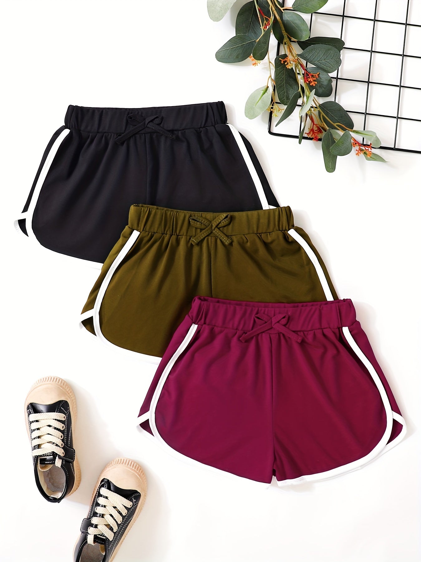 3pcs Girls Casual Sports Yoga Shorts Elastic High Waist Contrast Binding