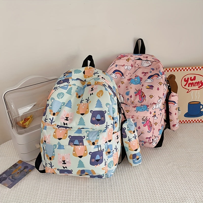 Cartoon Unicorn Bear Flower Backpack with Pen Bag for Kids