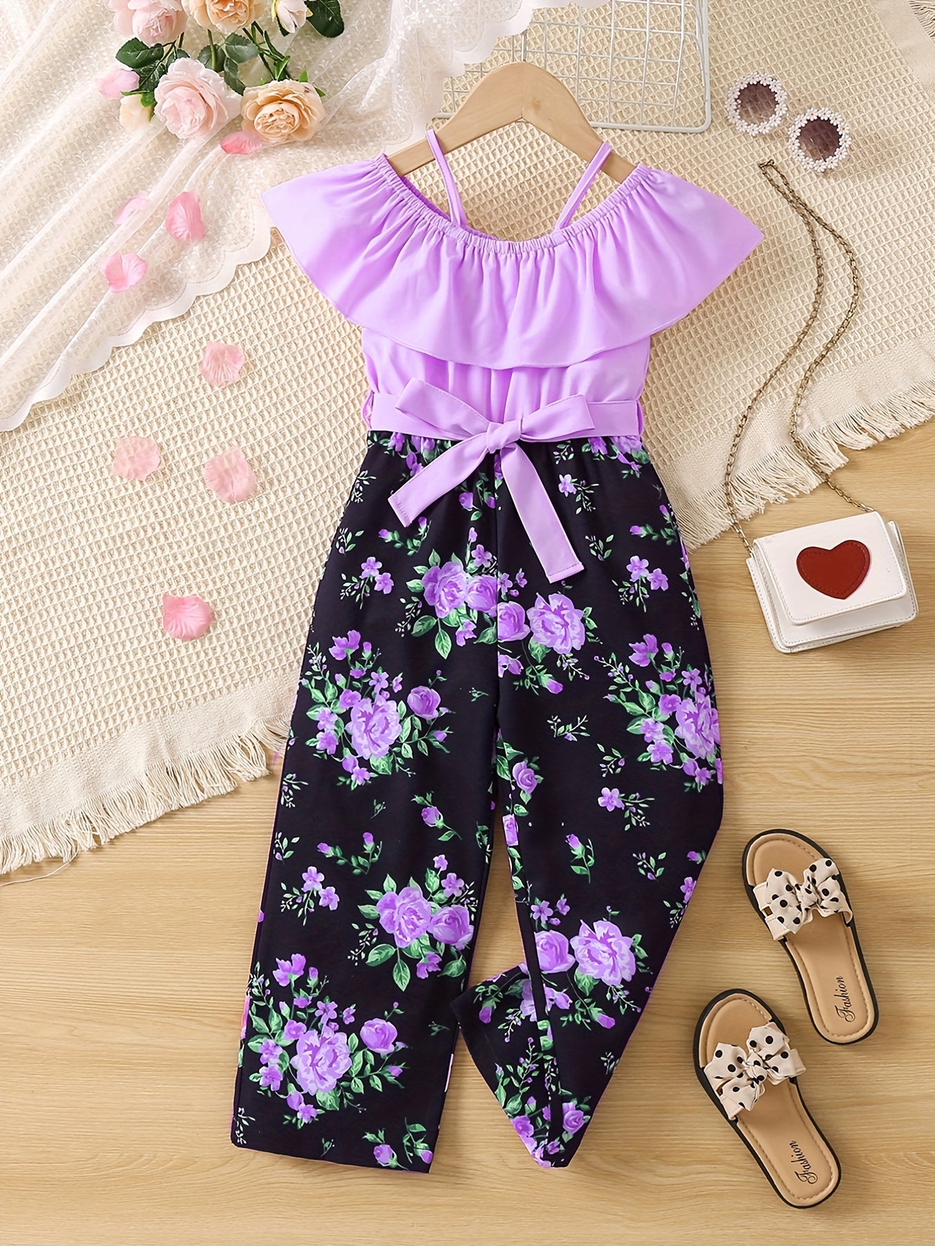 Girls Floral Puff Sleeve Romper, One Shoulder