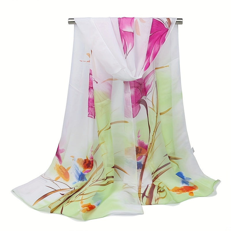 Lotus Printed Chiffon Silky Scarf Long Shawl Beach Scarf
