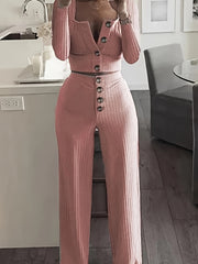Solid Ribbed Lounge Set Long Sleeve Top & Pants Women's Loungewear
