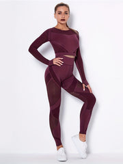 Yoga Set 2 Piece Crop Top & Leggings Stripe Hollow Out Workout Suit