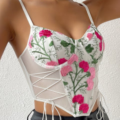 Floral Embroidered Cami Top Tie Front Sleeveless Summer Top