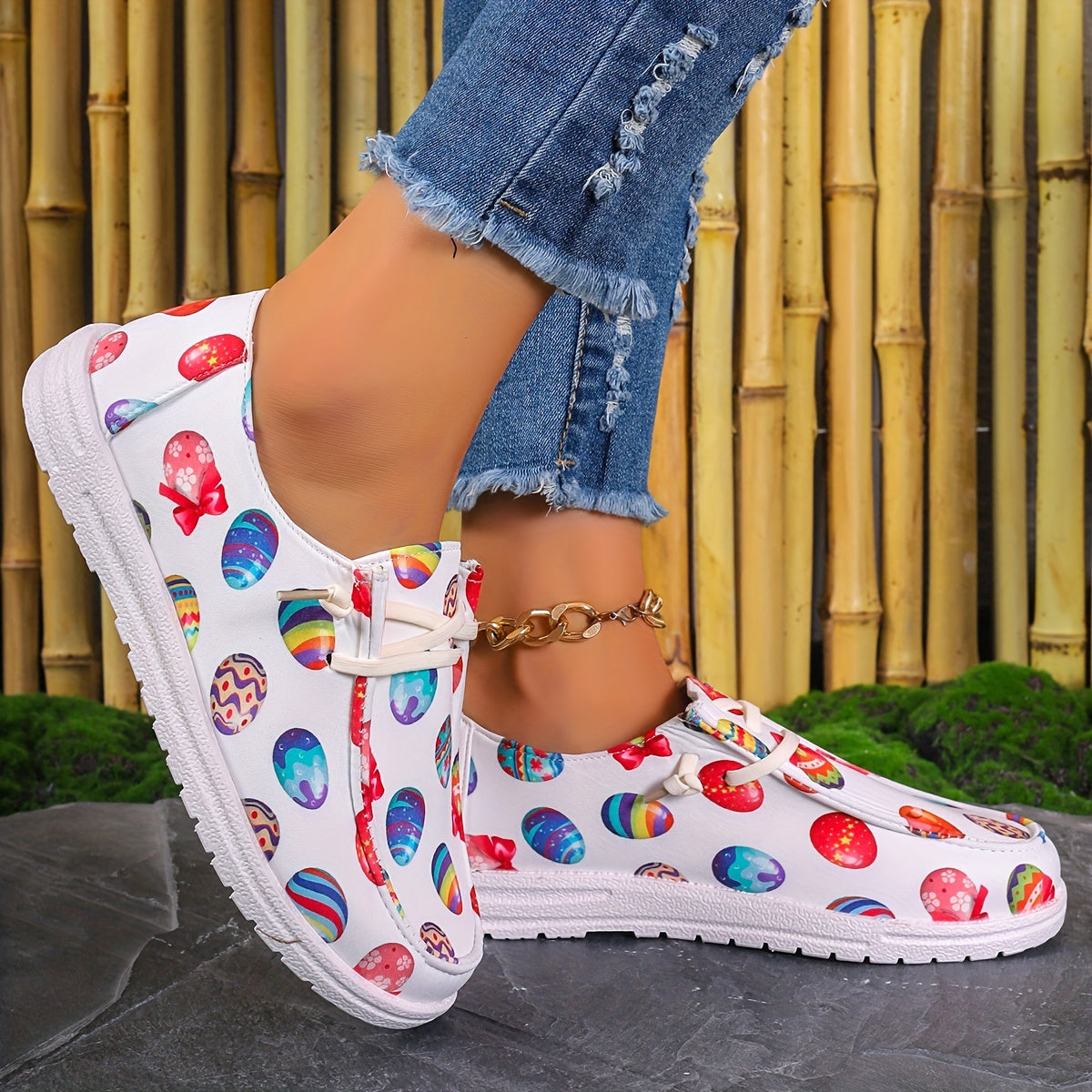Women's Easter Eggs Print Canvas Slip On Casual Walking Shoes