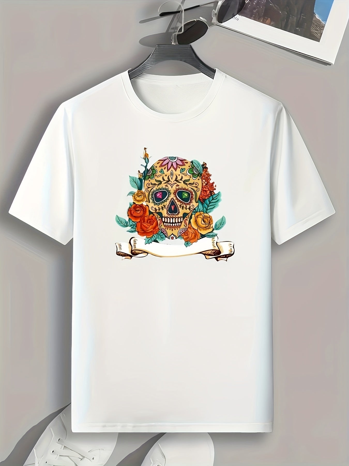 Skull And Flowers Print Men's Graphic T shirt Casual Comfy Tees