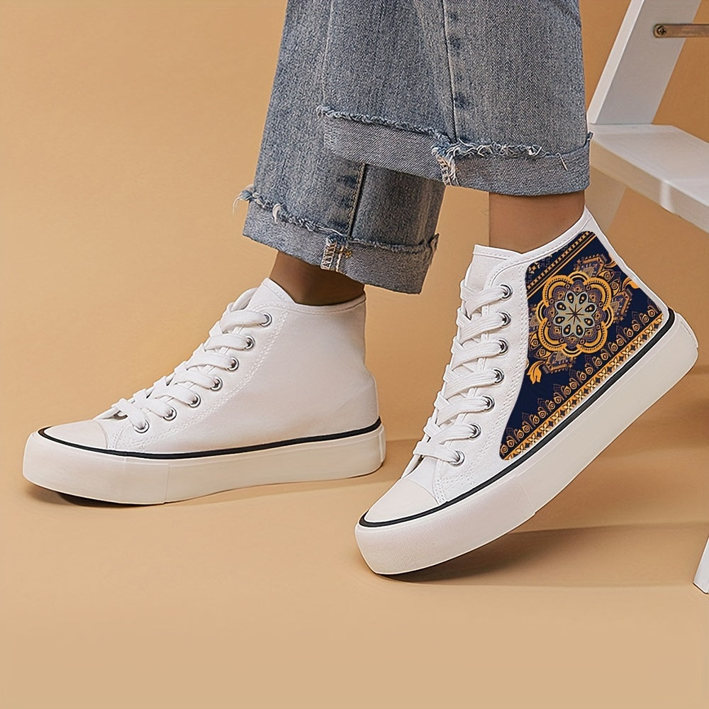 Ethnic Print High Top Canvas Sneakers, Non Slip Chunky Shoes