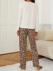 Leopard Print Lounge Set Short Sleeve Crew Neck Top & All Over Print Pants