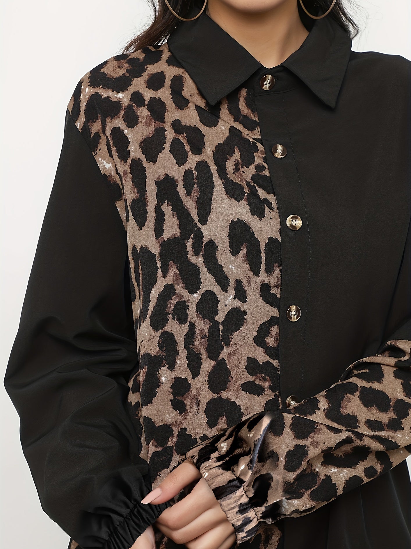 Colorblock Leopard Print Long Sleeve Shirt Dress