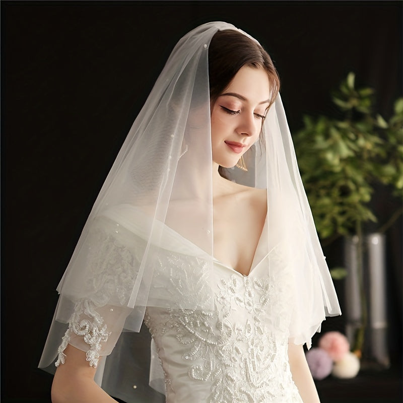 Double Layer Long Head Veil Faux Pearl Mesh Bridal Wedding Hair Accessories