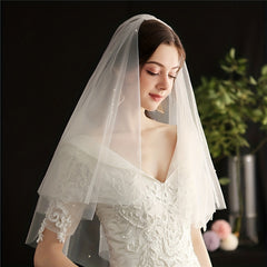 Double Layer Long Head Veil Faux Pearl Mesh Bridal Wedding Hair Accessories