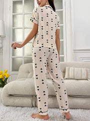 Heart Print Pajama Set Short Sleeve Top & Pants