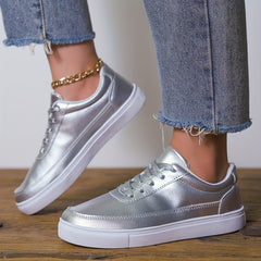 Women's Silver Faux Leather Skate Shoes Casual Lace Up Outdoor Shoes