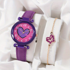 Round Dial Quartz Watch & Butterfly Bangle Set