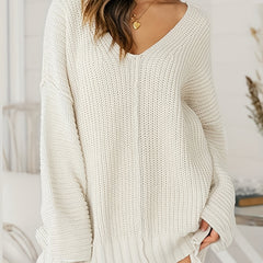 Casual Sweater Women's Plus Solid Long Sleeve V Neck Medium Stretch