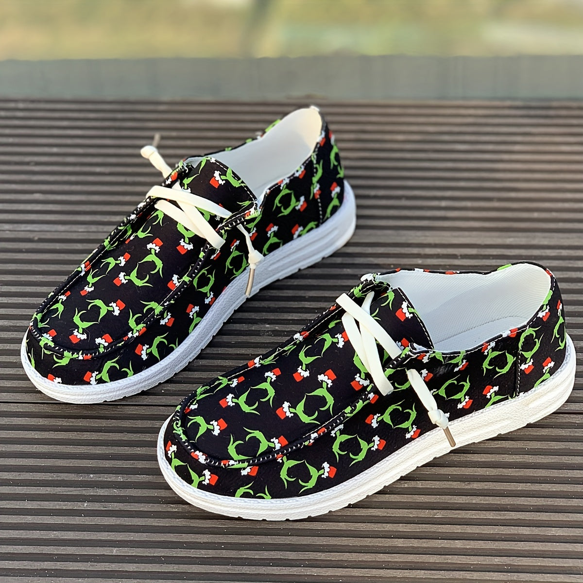 Christmas Print Flat Sporty Loafers Shoes Casual Non Slip Boat Shoes