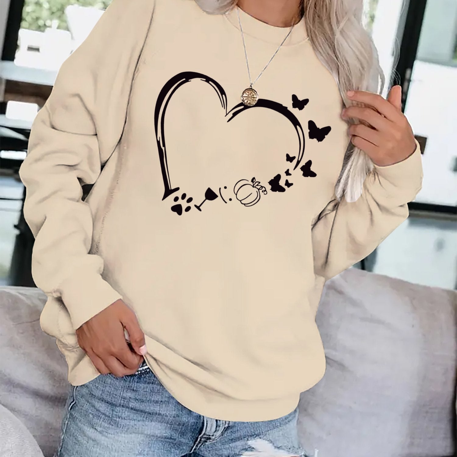 Heart Print Pullover Sweatshirt for Fall & Winter Women's Clothing