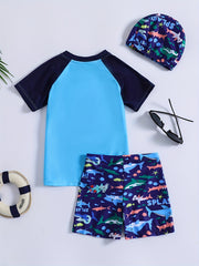 Boys Cartoon Shark & Dinosaur Swim Suit Set with Trunks, Tops & Cap