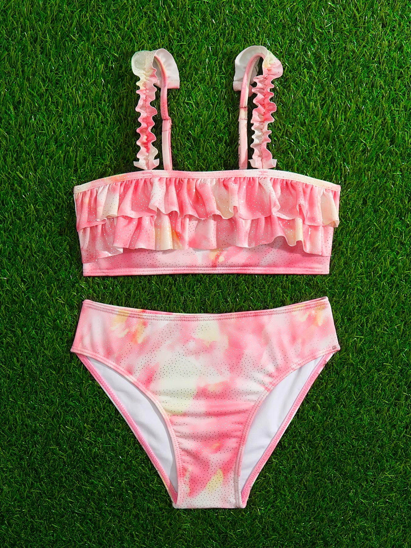 Girl's Tie Dye Bikini Set Ruffle Decor Sequin Cami Top & Briefs