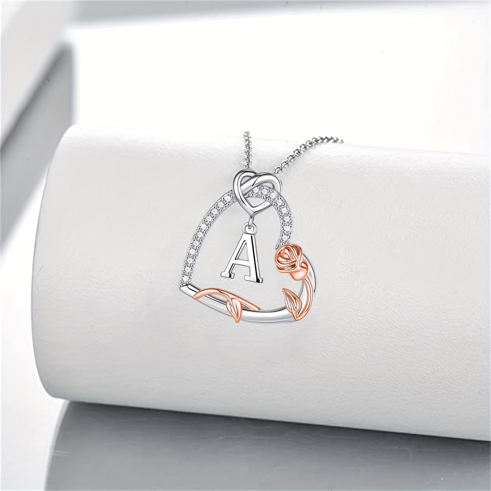 Heart Rose Letter Pendant Necklace Holiday Gift For Girls