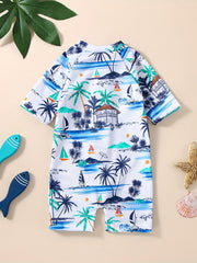 Baby Girls Coconut Tree Print Swimsuit Short Sleeve Kids Beach Jumpsuit