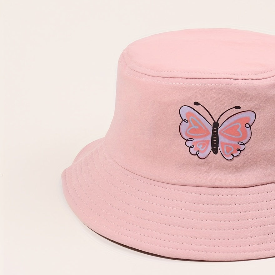 Pink Butterfly Print Bucket Hat Sunscreen Fisherman Cap for Women