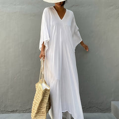 Boho Cover Up Women's Plus Solid Batwing Sleeve V Neck Split Maxi