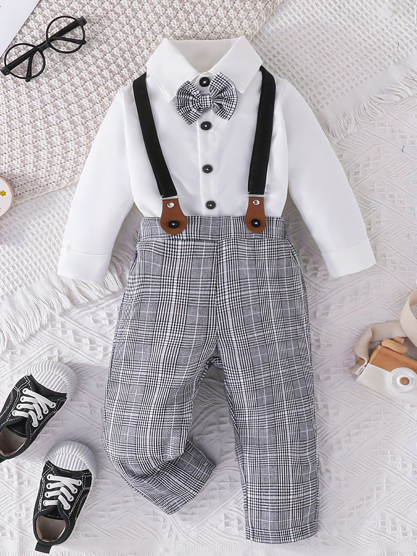 2pcs Baby Boys Gentleman Suit Plaid Overall Party Outfits