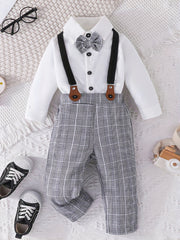 2pcs Baby Boys Gentleman Suit Plaid Overall Party Outfits