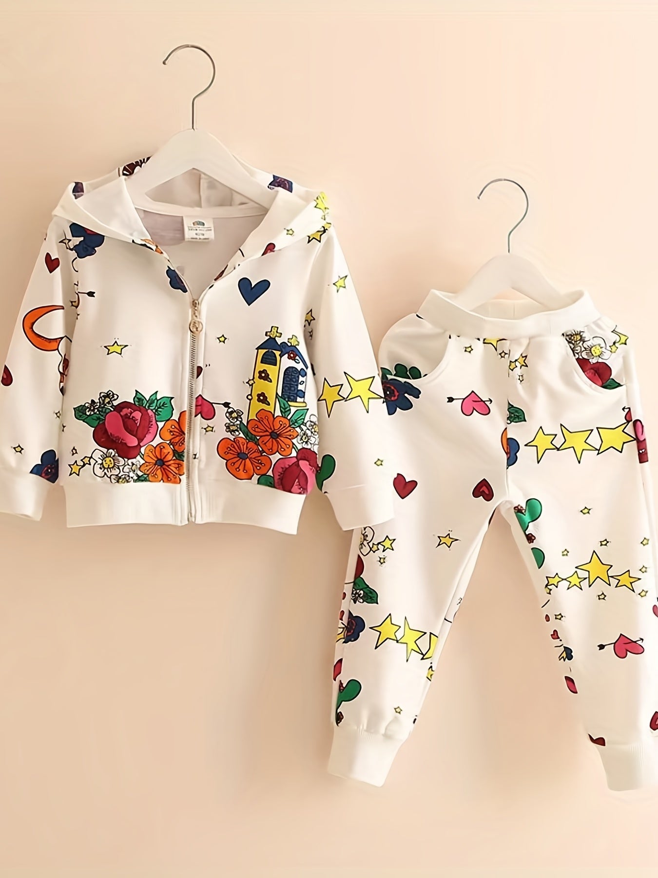 Irregular Rose Flower Print Pullover & Pants Set For Baby Girls