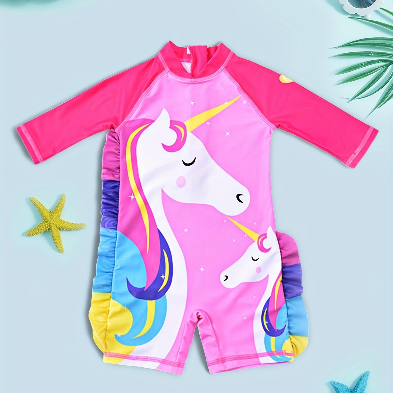 Toddler Unicorn Pattern Swimsuit Ruffle Onesie Long Sleeve Bathing Suit