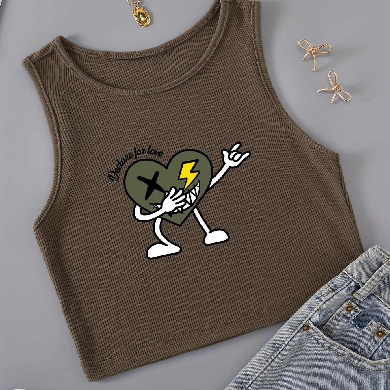 Love Print Crop Tank Top Crew Neck Sleeveless Casual Top
