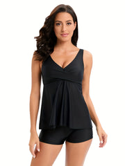 Solid V Neck Tankini Sets High Stretch Boxer Short Bottom Two Pieces Swimsuit