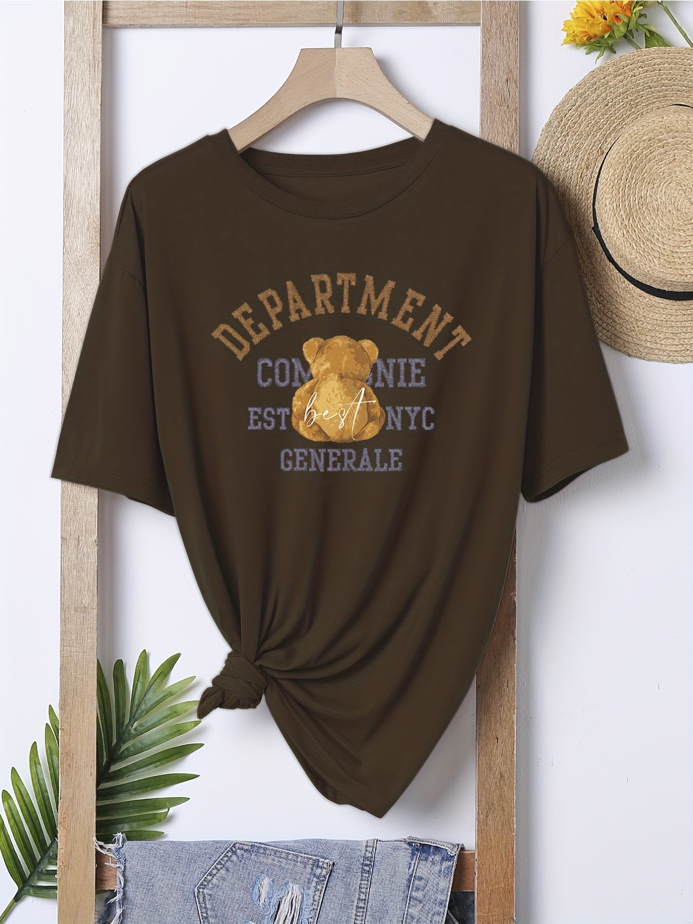 Bear & Letter Print Casual T shirts Crew Neck Short Sleeve Graphic Tee