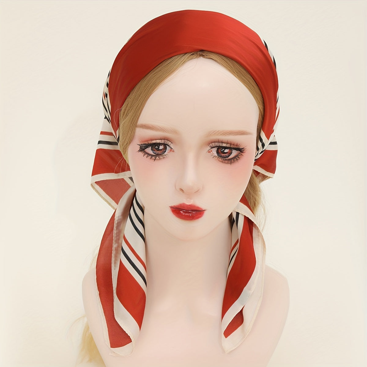 Orange Striped Print Bandana Shawl Satin Square Scarf For Women